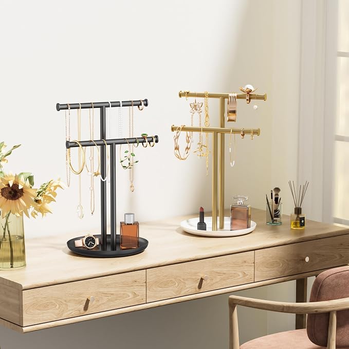 Necklace Rack Stand with Storage Tray - 2 Rods T-Shaped Jewelry Holder Stand for Bracelets, Earrings, Rings | Elegant Vanity & Dresser Top Storage for Women, Black.
