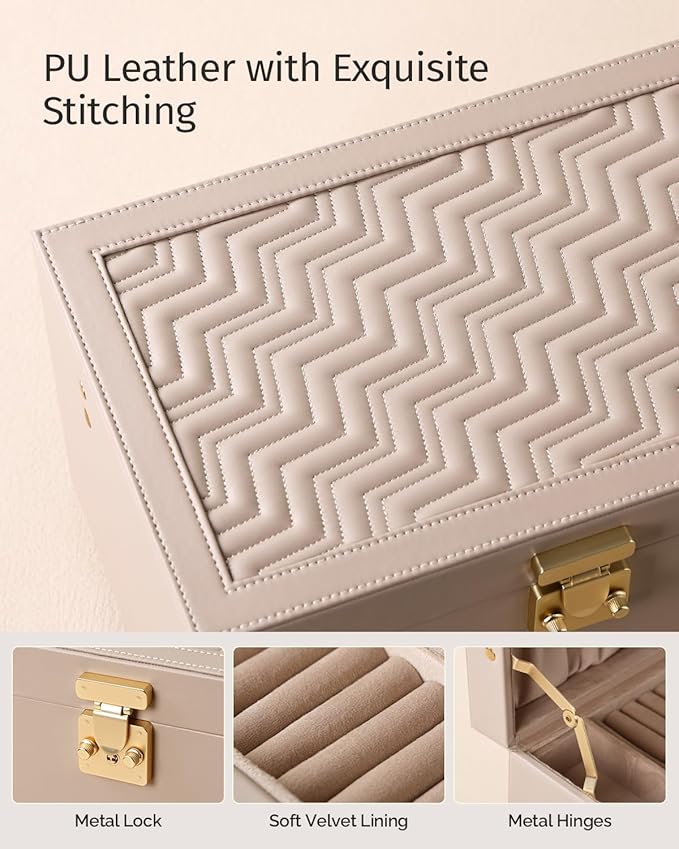 3-Tier Jewelry Box, Jewelry Organizer Box with 2 Drawers, Large Storage Capacity for Necklace Bracelets Earrings Rings, Lockable, Christmas Gift for Women, Light Taupe