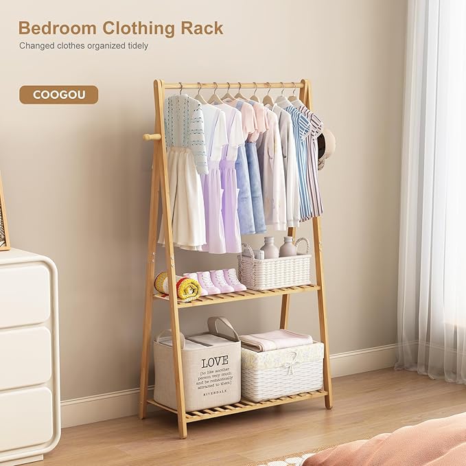 Kids Clothing Rack for Hanging Clothes,Small Toddler Clothes Racks Bamboo Wooden Garment Dress Up Storage Costume Rack with Shelves for Laundry Drying,Short,Mini,Floor Standing