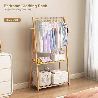 Kids Clothing Rack for Hanging Clothes,Small Toddler Clothes Racks Bamboo Wooden Garment Dress Up Storage Costume Rack with Shelves for Laundry Drying,Short,Mini,Floor Standing