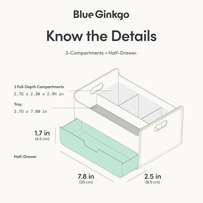 BLUE GINKGO Portable Desk Organizer – Compact 3 Compartment, Half-drawer Storage – Pen Holder, Stationery Desktop Organizer for Office, Makeup, Crafts (Made in Korea, White)