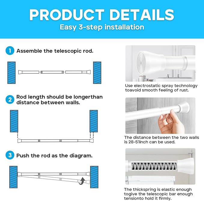 AIZESI Spring Tension Rods Adjustable Tension Curtain Rod Small Tension Rod No Drilling Expandable Spring Loaded Curtain Tension Rod (White,45" to 77"-1Pcs)