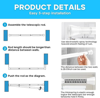 AIZESI Spring Tension Rods Adjustable Tension Curtain Rod Small Tension Rod No Drilling Expandable Spring Loaded Curtain Tension Rod (White,45" to 77"-1Pcs)