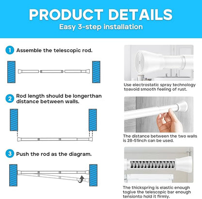 AIZESI Spring Tension Rods Adjustable Tension Curtain Rod Small Tension Rod No Drilling Expandable Spring Loaded Curtain Tension Rod?White,45" to 77"-2Pcs)