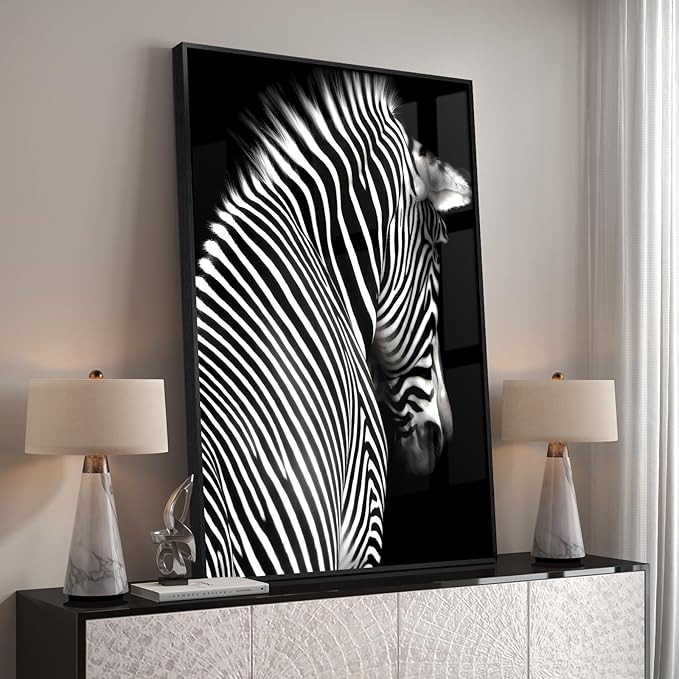 Framed Black and White Wall Art, Modern Animal Potrait Prints Paintings Artwork for Walls, Contemporary Minimalist Zebra Photography Pictures for Living Room Dining Bedroom Hallway Home Decor 24x36 In