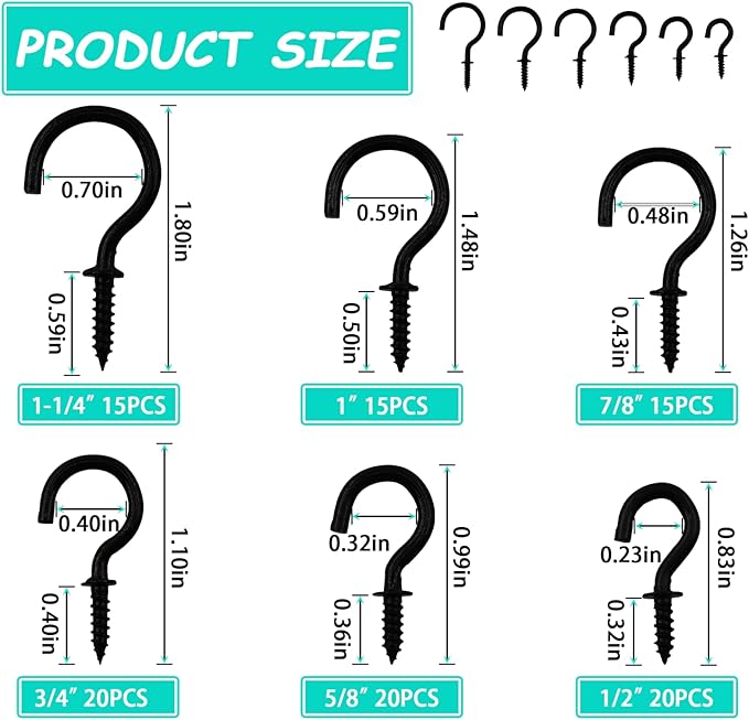 BDS-HOME 105pcs Ceiling Hooks, 6 Size Screw-in Cup Hooks Heavy Duty Hanging Hook for Plants, Cups String Light Kitchenware Tool Clothes Room Wall and Outdoor Decors (Black)