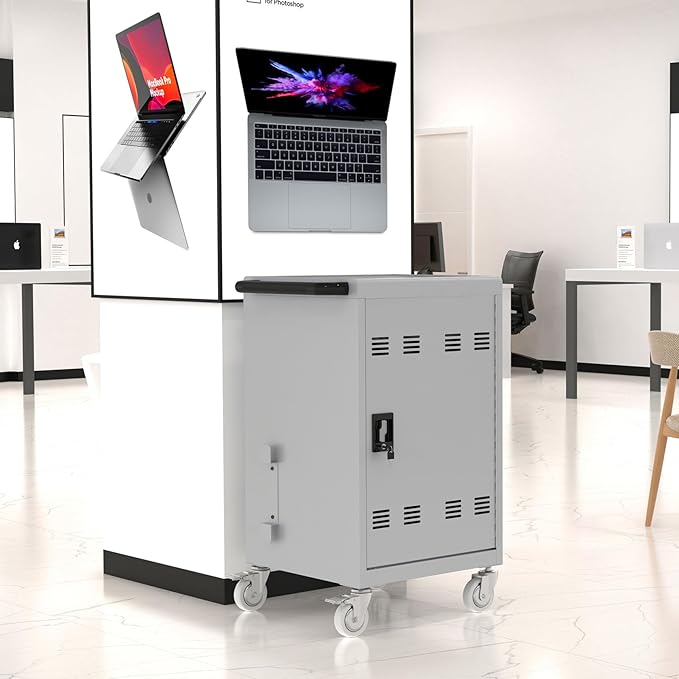 pouseayar 30 Device Mobile iPad Laptop Charging Cart for iPad Laptop Computers Chromebook Fast Charging & Secure Storage (16.3in Screen Size), Ideal for School, Library, Hospital - Grey
