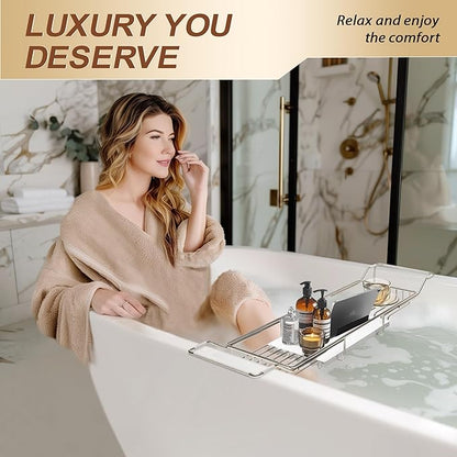 BVL Bathtub Tray Stainless Steel with Marble Base Chrome Bathtub Tray with White Marble Base Adjustable & Rustproof Bath Caddy for Spa, Relaxation, Bath Bombs