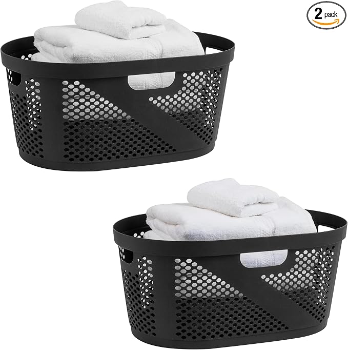 Mind Reader 40L Ventilated Laundry Baskets, Lightweight Clothes Hamper with Cutout Handles for Bathrooms and Closets, Plastic, Set of 2, Black