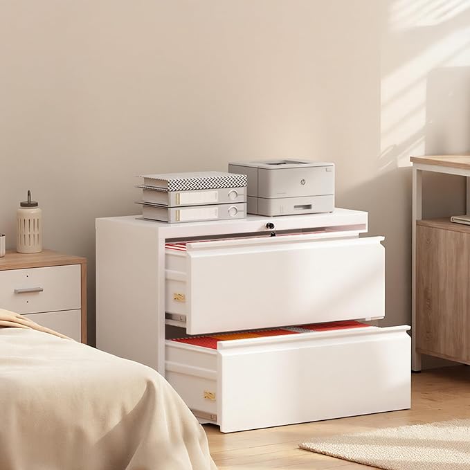 Superday Lateral File Cabinet 2 Drawer Metal File Cabinet with Lock, White Filing Cabinets for Home Office, Locking Filing Cabinets Hanging Files Letter/Legal/F4/A4