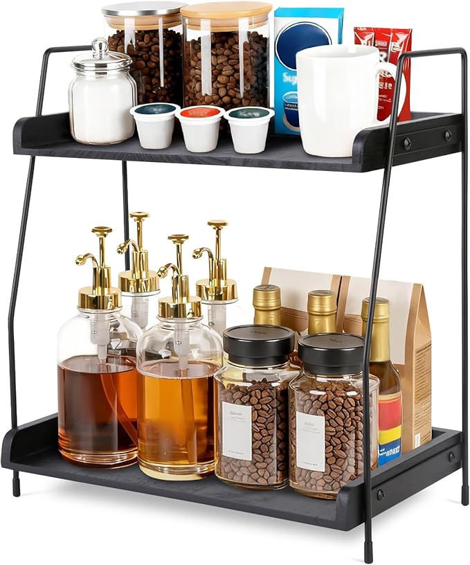 Coffee Bar Organizer for Countertop, 2-Tier Coffee Station Organizer with Metal Frame & Wooden Shelves, Coffee Accessories Organizer Rack for Pods, Syrups, Cups & Tea Bags (Black)