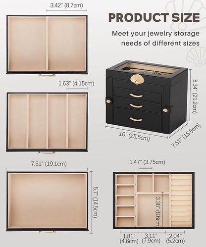 Jewelry Box with 3 Drawers: Display Organizer for Earrings Necklaces - Gifts for Girls Women (Black)