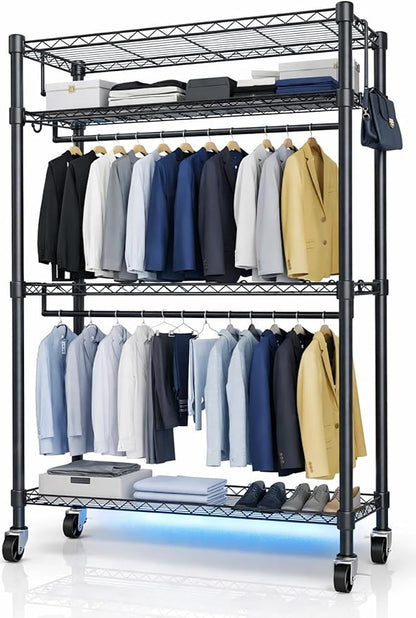 Heavy Duty Clothes Rack with Wheels, 43"W x 18"D x 81"H Rolling Garment Rack, 800 lb Capacity, 3-Tier Adjustable Shelves, Double Hanging Rods, 6 Hooks, Portable Closet Organizer, Tool-Free Assembly