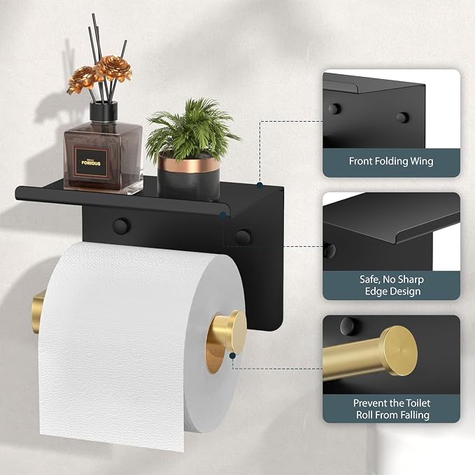 FORIOUS Toilet Paper Holder with Shelf, Adhesive or Screw Wall Mount Toilet Paper Roll Holder for Bathroom, Rustproof 304 Tissue Dispenser with Phone Shelf (1, Matte Black & Brushed Gold)