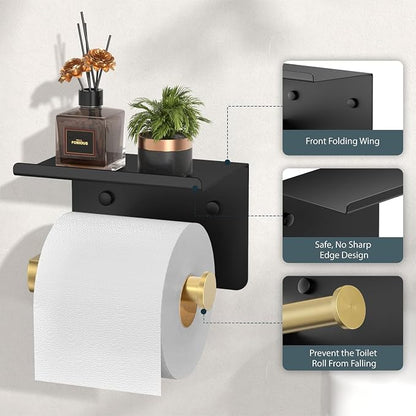 FORIOUS Toilet Paper Holder with Shelf, Adhesive or Screw Wall Mount Toilet Paper Roll Holder for Bathroom, Rustproof 304 Tissue Dispenser with Phone Shelf (1, Matte Black & Brushed Gold)