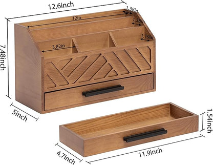 dreampossible Brown Wood Desk Organizer and Accessories with Drawer, Bill Mail Organizer and File Mail Holder for Office Supplies, Modern Desk Accessories & Workspace Organizers for Desk Organization