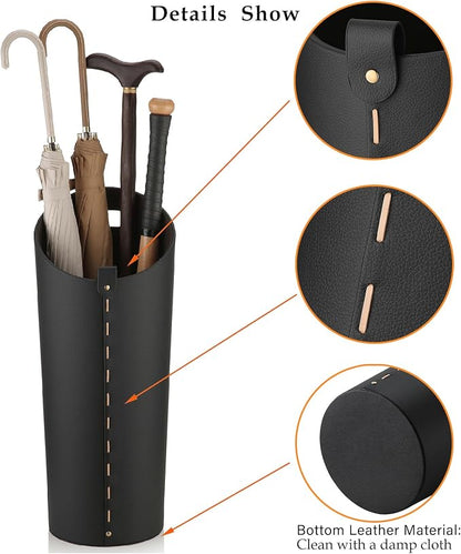 Black Umbrella Holer for Entryway with Drip Tray and 2 Steel Hooks Leahter Tall 22.44 Inches Umbrella Stand Rack Indoor Can Store 10 Golf Umbrellas or Crutches Toy Swords etc