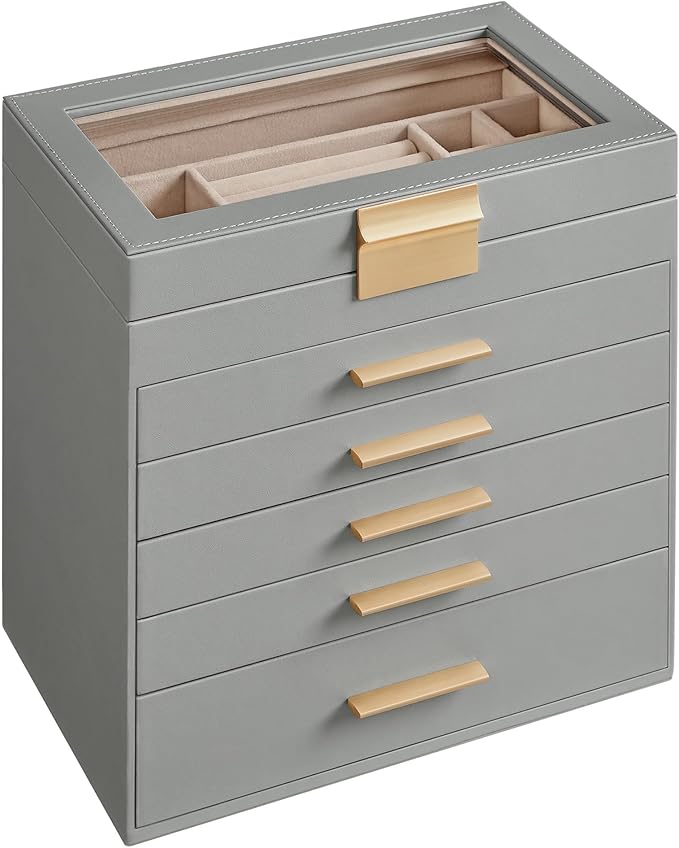 SONGMICS Jewelry Box Organizer with Glass Lid, 6-Layer Jewelry Storage, with 5 Drawers, Modern Style, 6.4 x 9.9 x 11.4 Inches, Dove Gray and Gold Color UJBC171G01