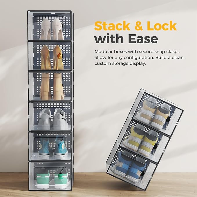 Sweetcrispy Shoe Storage Boxes, Clear Plastic Stackable Shoe Rack Organizer with Lids for Closet, Foldable Sneaker Container, Under Bed and Entryway, 12 Pack, Black