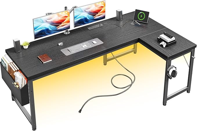 63 Inch L Shaped Desk Gaming Desk with Power Outlets & 0.95 Inch Thicker Desktop & Lights, Computer Desk with Storage Bag, Reversible Office Corner Desk for Home Office,Living,Bedroom,Black