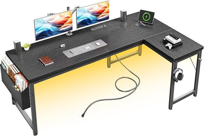 63 Inch L Shaped Desk Gaming Desk with Power Outlets & 0.95 Inch Thicker Desktop & Lights, Computer Desk with Storage Bag, Reversible Office Corner Desk for Home Office,Living,Bedroom,Black