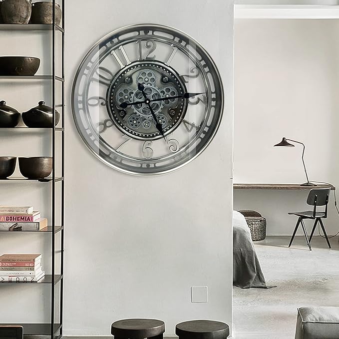 DORBOKER Real Moving Gears Wall Clock Large Modern Metal Clocks for Living Room Decor, Industrial Steampunk Unique Vintage Rustic Decorative Clock for Home Farmhouse Office, 21 Inch,Gunmetal Arabic