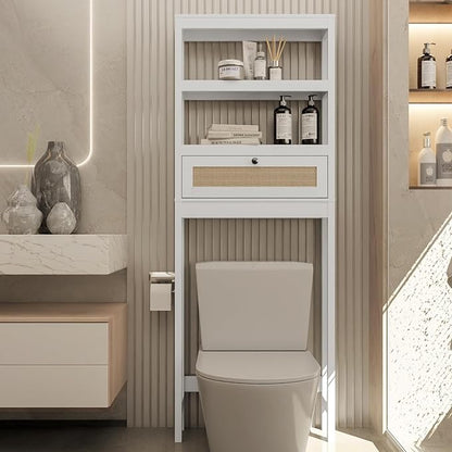 Over The Toilet Storage Cabinet, Behind Toilet Bathroom Organizer with Adjustable Shelves, Above Toilet Organizers with Rattan Door, Space Saver for Restroom, Bathroom, Laundry