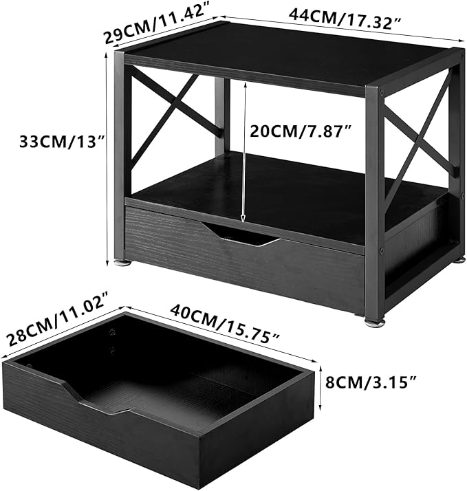 IBUYKE 2 Tier Desktop Printer Stand,Multi-Purpose Desk Organizer,Wooden Printer Stand with Drawer Storage for Folders,Books,for Fax Machine, Scanner,Home Office,Black TLJ006B