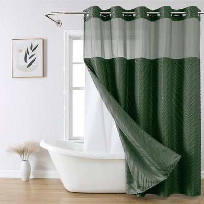 No Hook Shower Curtain and Liner Set,No Hook Tufted Striped Textured Shower Curtain with Snap in Liner Replacement and Waterproof Fabric,Boho Style with See Through Top Window,DarkGreen,71Wx80H