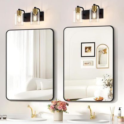 Bathroom Light Fixtures, Matte Black and Gold 2-Light Bathroom Lights Over Mirror with Clear Glass Shade,Wall Sconces for Bathroom