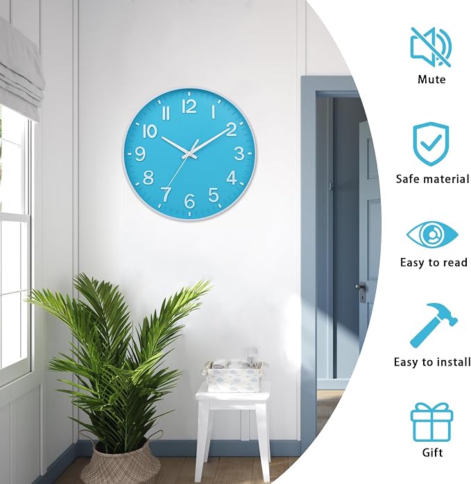 HZDHCLH Wall Clocks Battery Operated,Wall Clock Blue and White 8 inch Wall Clock Silent Non Ticking Modern 3D Numbers for Office Kitchen Classroom Bedroom Living Room Decor