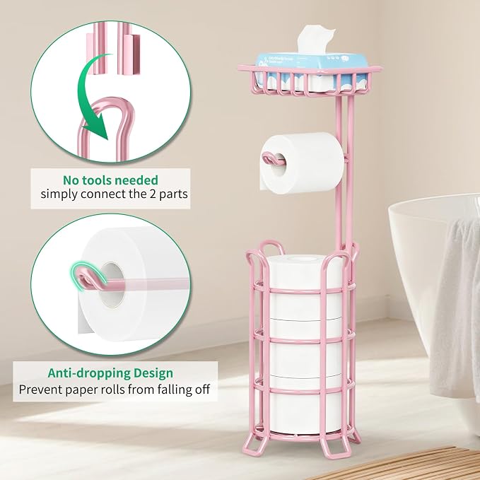 TomCare Toilet Paper Holder Stand with Storage Shelf Tissue Paper Roll Dispenser Free Standing 4 Raised Feet Toilet Paper Storage Metal Bathroom Organizers and Storage, Pink