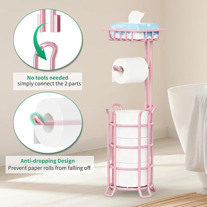 TomCare Toilet Paper Holder Stand with Storage Shelf Tissue Paper Roll Dispenser Free Standing 4 Raised Feet Toilet Paper Storage Metal Bathroom Organizers and Storage, Pink