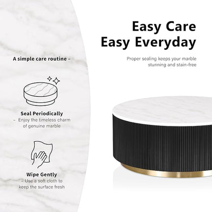 Furniture of America Beryl Modern Round White Genuine Marble Top Coffee Table with Fluted Pedestal Base and Gold Stainless Steel Accent, Low Profile Table for Living Room, Home Office, Black