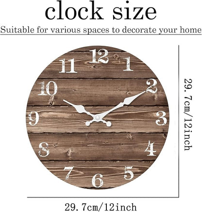 XFM Brown Wooden Wall Clock 12 Inch Silent Wall Clocks Battery Operated Decorative Farmhouse Small Rustic Wall Clock for Kitchen Living Room Office