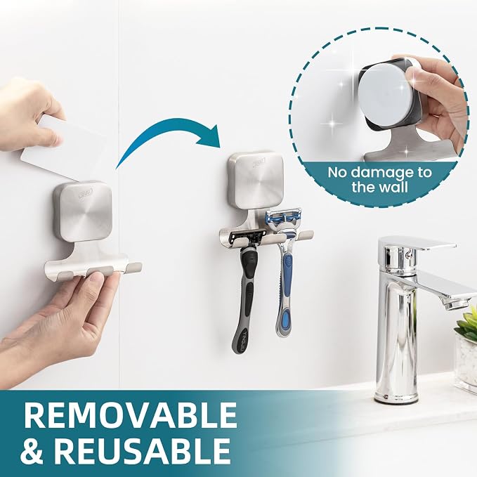 TAILI Powerful Suction Cup Razor Holder 2 Pack, Stylish 304 Stainless Steel Bathroom Suction Hooks for Towel, Loofah, Bathrobe, Shaver Holder for Shower Wall, Easy to Install and Reuse, Silver