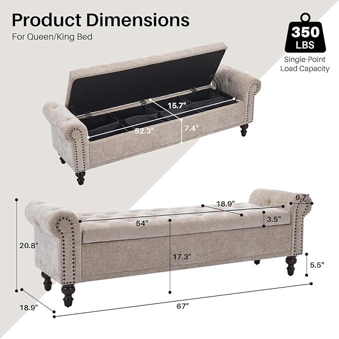 Storage Bench for Bedroom, 67" End of Bed Bench King Size, Upholstered Chenille Storage Ottoman with Tufted Cushioned Rolled Arm Large Storage Space for Living Room Entryway, Light Brown