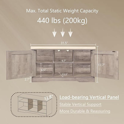 DINZI LVJ Shoe Bench, Entryway Storage Bench with Doors, Cushion, 2-Tier Shoe Rack with 6-Cubby, 31.5”L x 13.8”W Shoe Organizer Cabinet, Adjustable Shelf, Living Room, Bedroom, Greige