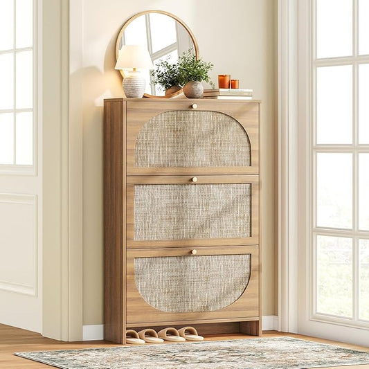 Nicetree Shoe Storage Cabinet for Entryway, Slim Arched Rattan Accent Shoe Cabinet with 3 Flip Drawers & 3-Tier Adjustable Shelves, Modern Boho Shoe Storage Cabinet, Narrow Shoe Rack for Small Spaces