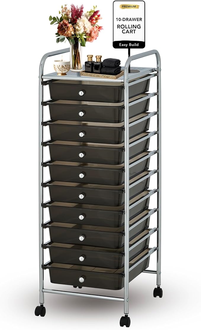 Display By Jack Rolling Storage Cart 10 Drawer Organizer with Black Drawers, Slim 36" Chrome Frame, Locking Wheels, and Top Shelf for Office, Classroom, Bathroom, or Craft Storage