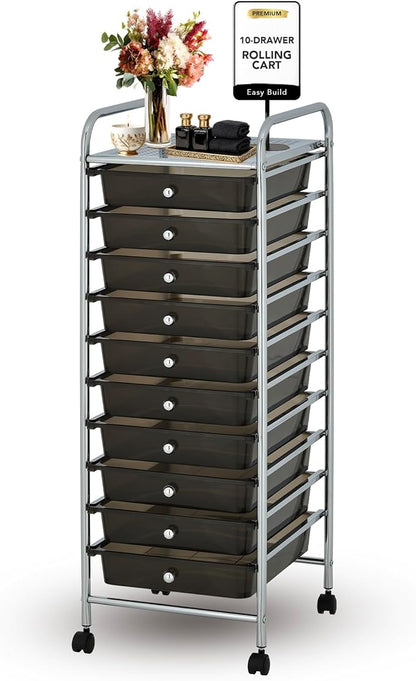 Display By Jack Rolling Storage Cart 10 Drawer Organizer with Black Drawers, Slim 36" Chrome Frame, Locking Wheels, and Top Shelf for Office, Classroom, Bathroom, or Craft Storage