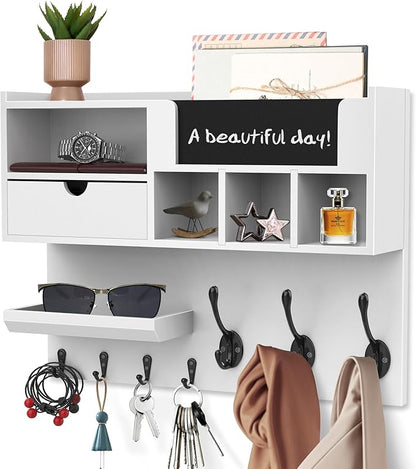 Key Holder Wall Mount with Mail Slot, Wall Key Holder with Chalkboard, Drawer & 7 Hooks, Key Hooks for Wall, Key Hanger Organizer for Entryway Keys Coats Bags, White Farmhouse
