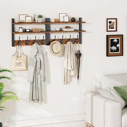 YMYNY Coat Rack Wall Mount with Shelf, Two-Tier Wall Shelf Mounted with 8 Hooks, Wooden Wall Coat Rack for Entryway, Bedroom for Hanging Clothes/Coats/Keys/Hats/Towels, Rustic Brown, HWS009H-2