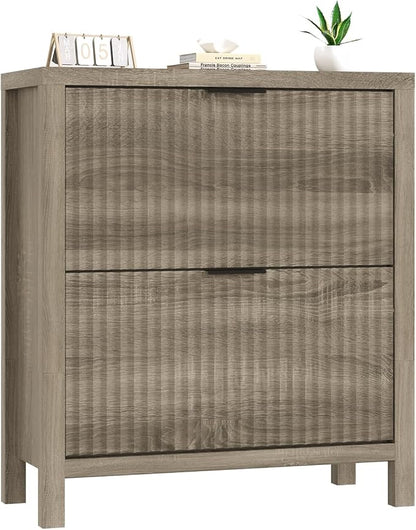 Shoe Cabinet Storage for Entryway, Fluted Shoe Cabinet with 2 Flip Drawers, Hidden Shoe Rack Tall Freestanding Shoe Organizer with Legs for Hallway, Gray