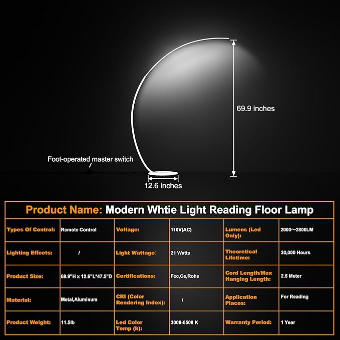 Adjustable White Light Modern 69.99 inch Arched Standing Reading Floor Lamp with Remote - Dimmable White Led Curved Light for Bedroom and Reading Room