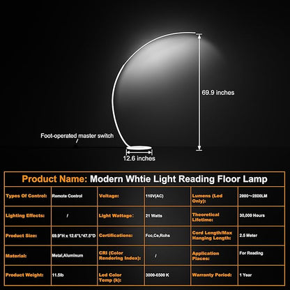 Adjustable White Light Modern 69.99 inch Arched Standing Reading Floor Lamp with Remote - Dimmable White Led Curved Light for Bedroom and Reading Room
