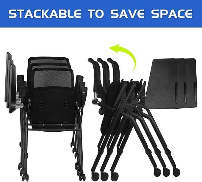 Updated Conference Room Chairs with Tablet Arm, Folding Office Desk Chair with Lumbar Support and Sliding Armrest with Casters, Stackable Office Guest Chairs & Reception Chairs, 1 Pack Black