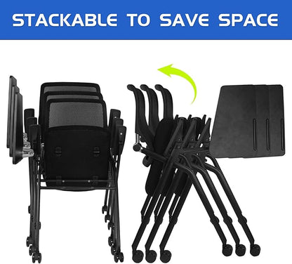 Updated Conference Room Chairs with Tablet Arm, Folding Office Desk Chair with Lumbar Support and Sliding Armrest with Casters, Stackable Office Guest Chairs & Reception Chairs, 1 Pack Black