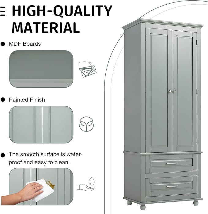 Storage Cabinet, Tall Bathroom Cabinet with Adjustable Shelf | Tall storage cabinet, upper enclosed cabinet and 2 pull-out compartments keep daily essentials organized