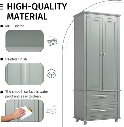 Storage Cabinet, Tall Bathroom Cabinet with Adjustable Shelf | Tall storage cabinet, upper enclosed cabinet and 2 pull-out compartments keep daily essentials organized